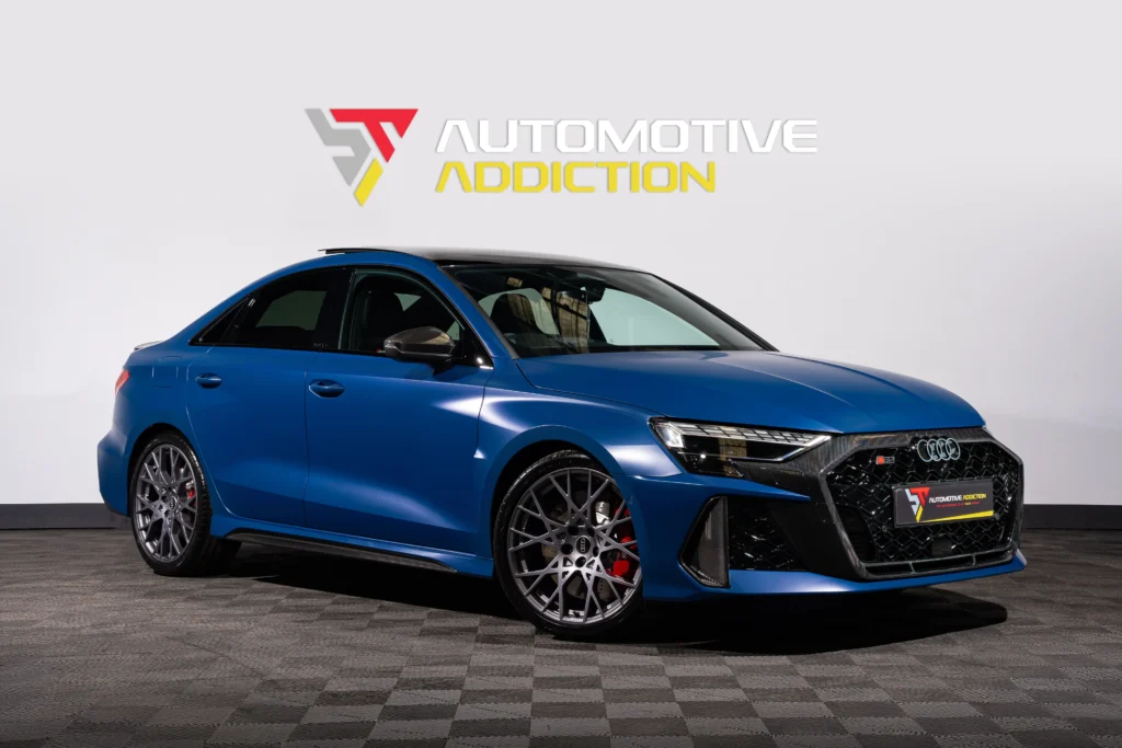 Satin Ascari Blue Audi RS3 Carbon Vorsprung Front Quarter