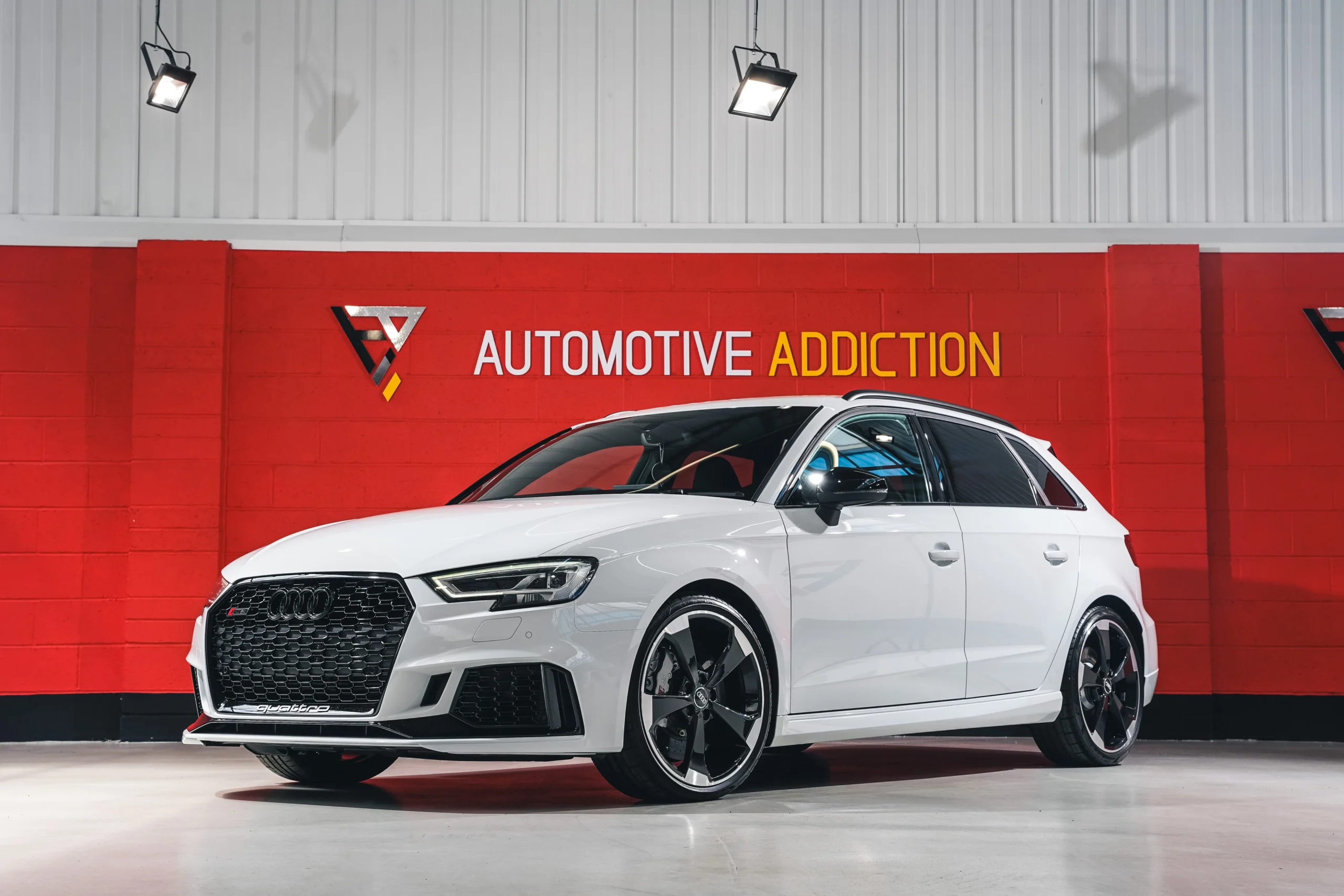 2018 Audi RS3 8V Glacier White Carbon Ceramic Brakes Front Angled