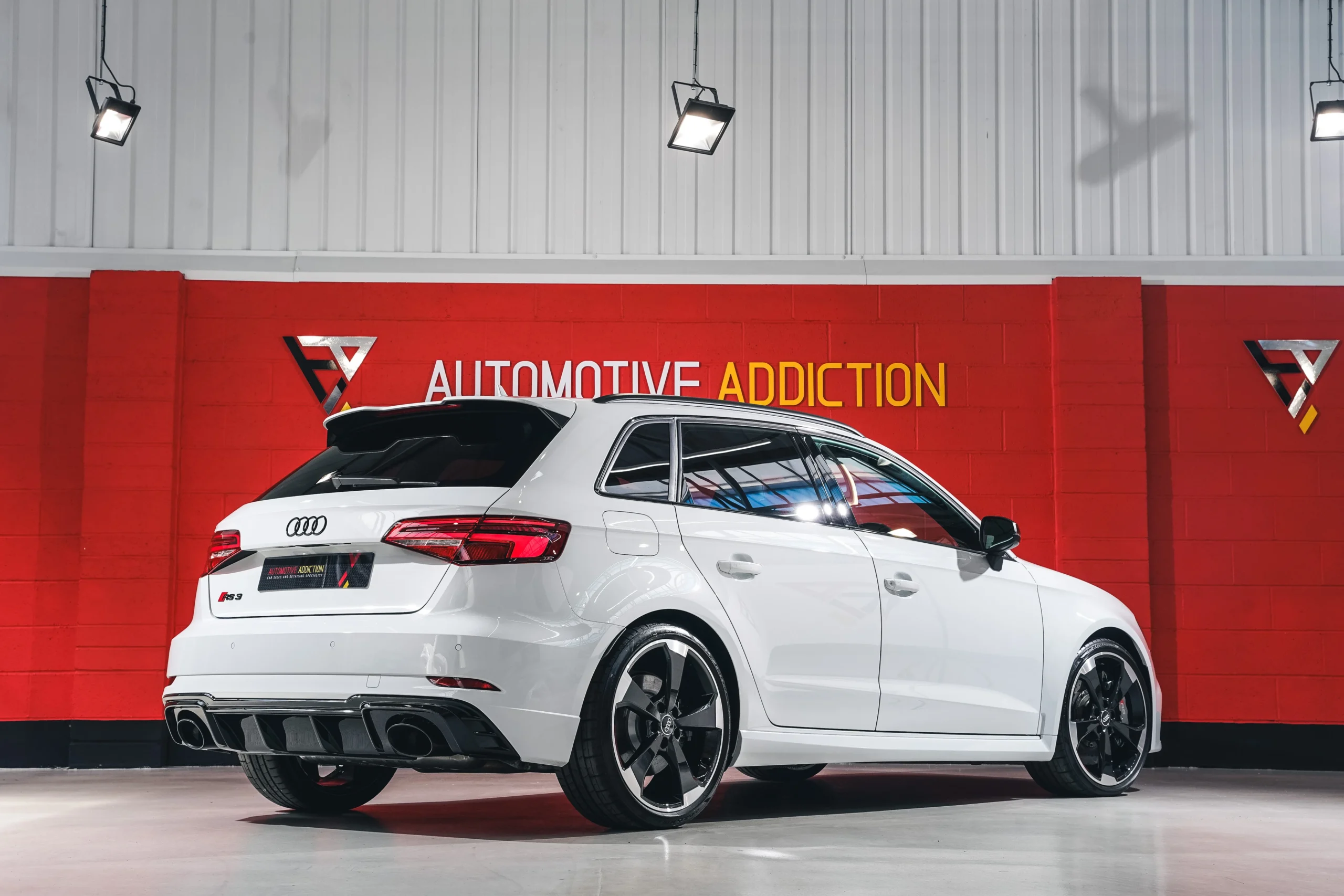 2018 Audi RS3 8V Glacier White Carbon Ceramic Brakes rear angled