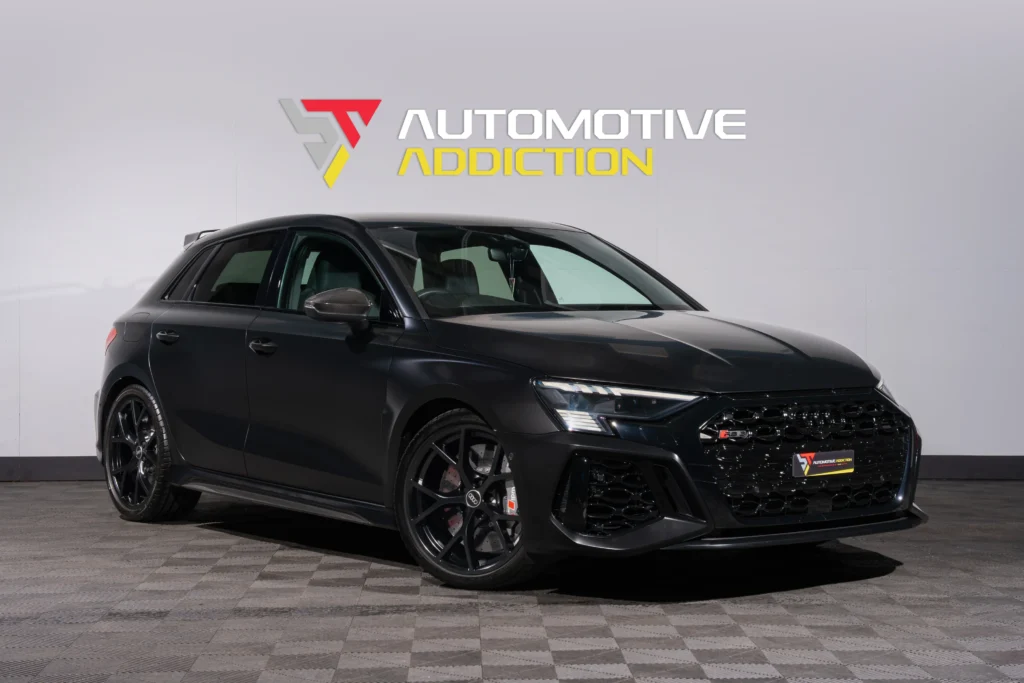 Audi RS3 Carbon Black with Satin Mythos Black PPF front angled